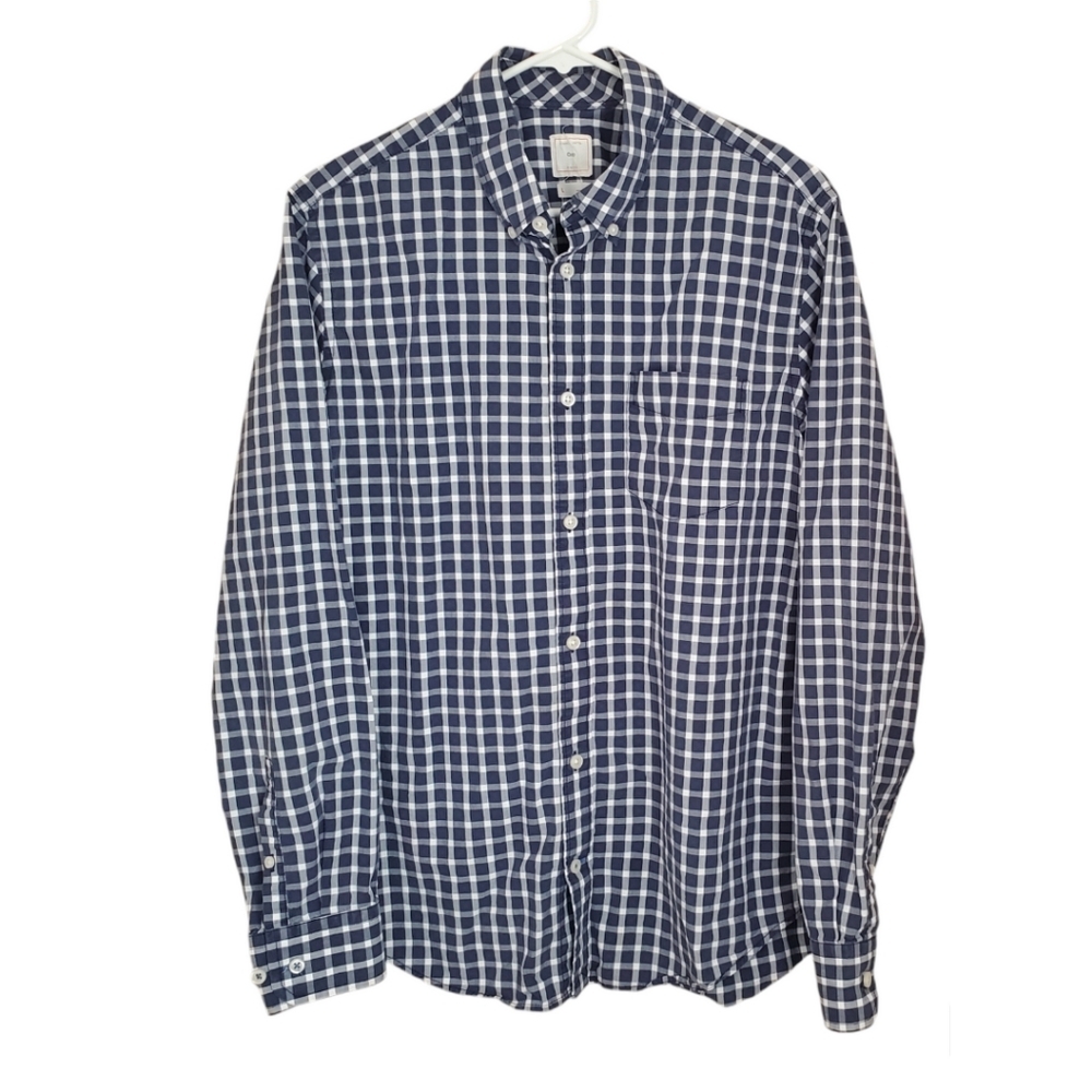 Gap Men's Button-Up Shirt Large Blue White Check Plaid Cotton Long Sleeve Pocket